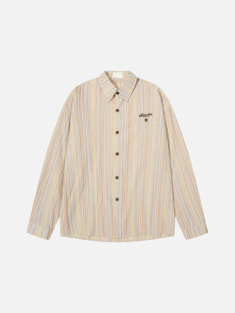 Back view of the striped button-up shirt with vertical stripe pattern