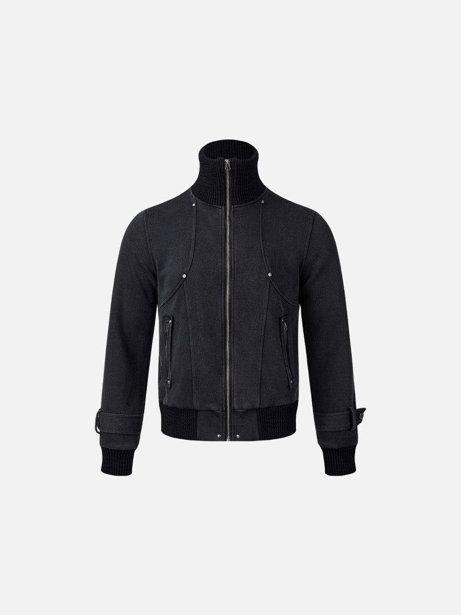 Washed dark grey bomber jacket with rivet details on the front