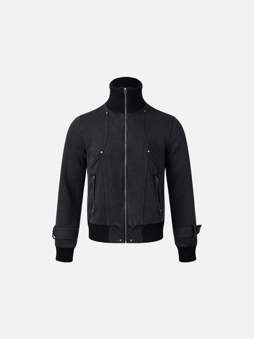 Washed dark grey bomber jacket with rivet details on the front