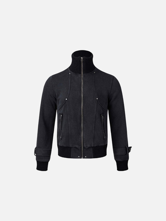 Washed dark grey bomber jacket with rivet details on the front