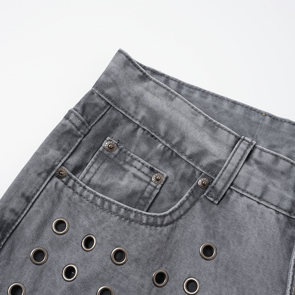 Full-length view of washed grey wide-leg jeans on a model