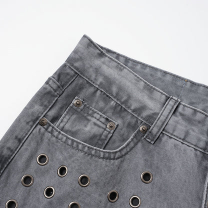 Full-length view of washed grey wide-leg jeans on a model