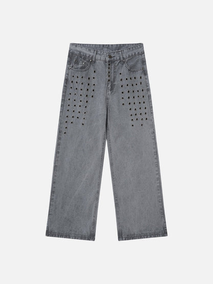 Grey Wide-Leg Jeans With Metal Grommet Detail