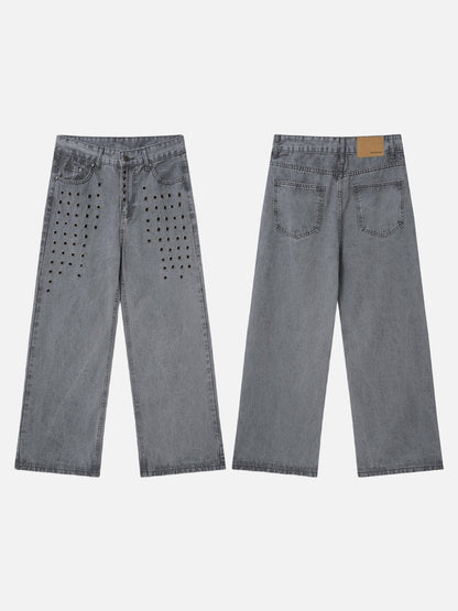Back pocket detail on washed grey wide-leg denim jeans