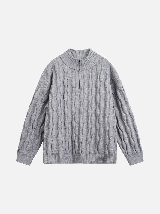 Wavy cable knit mock neck jumper shown from the front
