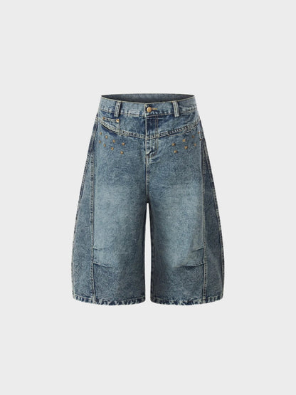 Revelse™ Longline Baggy Studded Denim Shorts Gray Blue