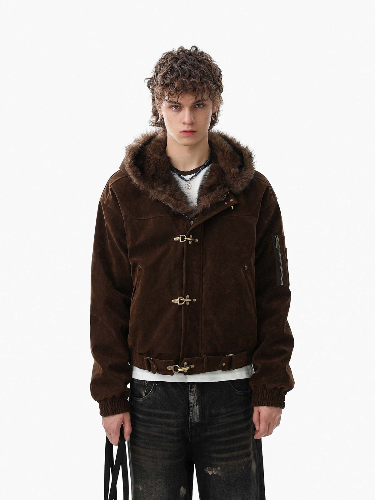 Revelse™ Faux Fur Hooded Suede Bomber Jacket with Metal Clip Streetwear