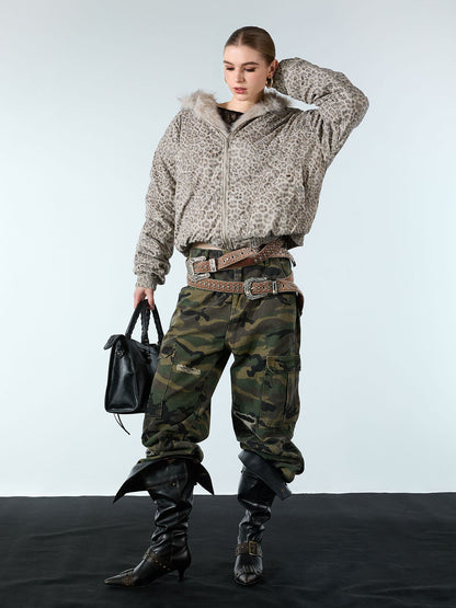 Revelse™ Cheetah Print Hooded Jacket with Faux Mink Fur Trim
