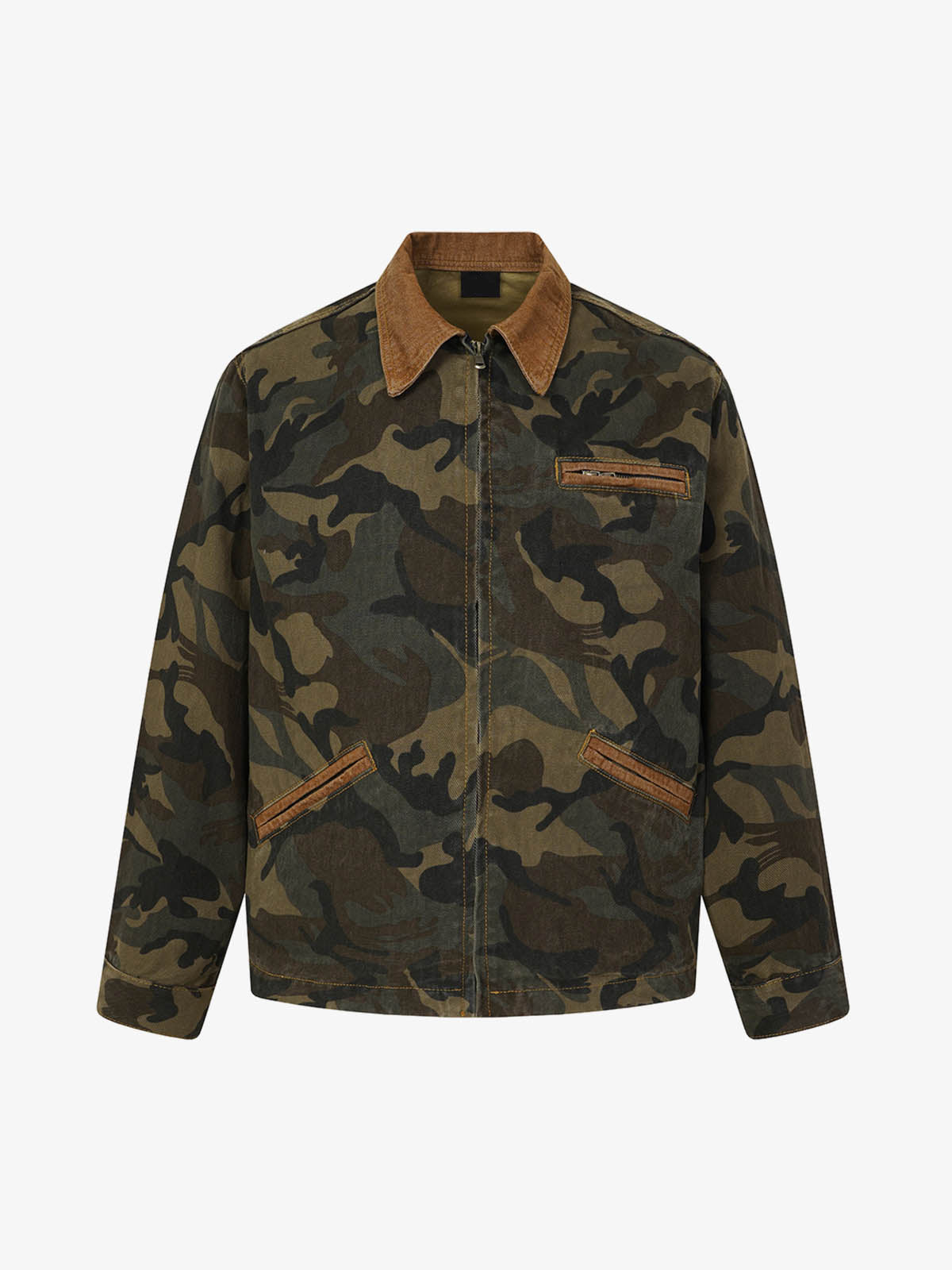 Washed Camouflage Denim Work Jacket With Corduroy Trim