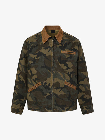 Washed Camouflage Denim Work Jacket With Corduroy Trim