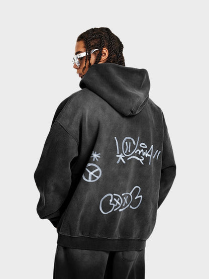 Revelse™ Unisex Graffiti Print Washed Zip-Up Hoodie