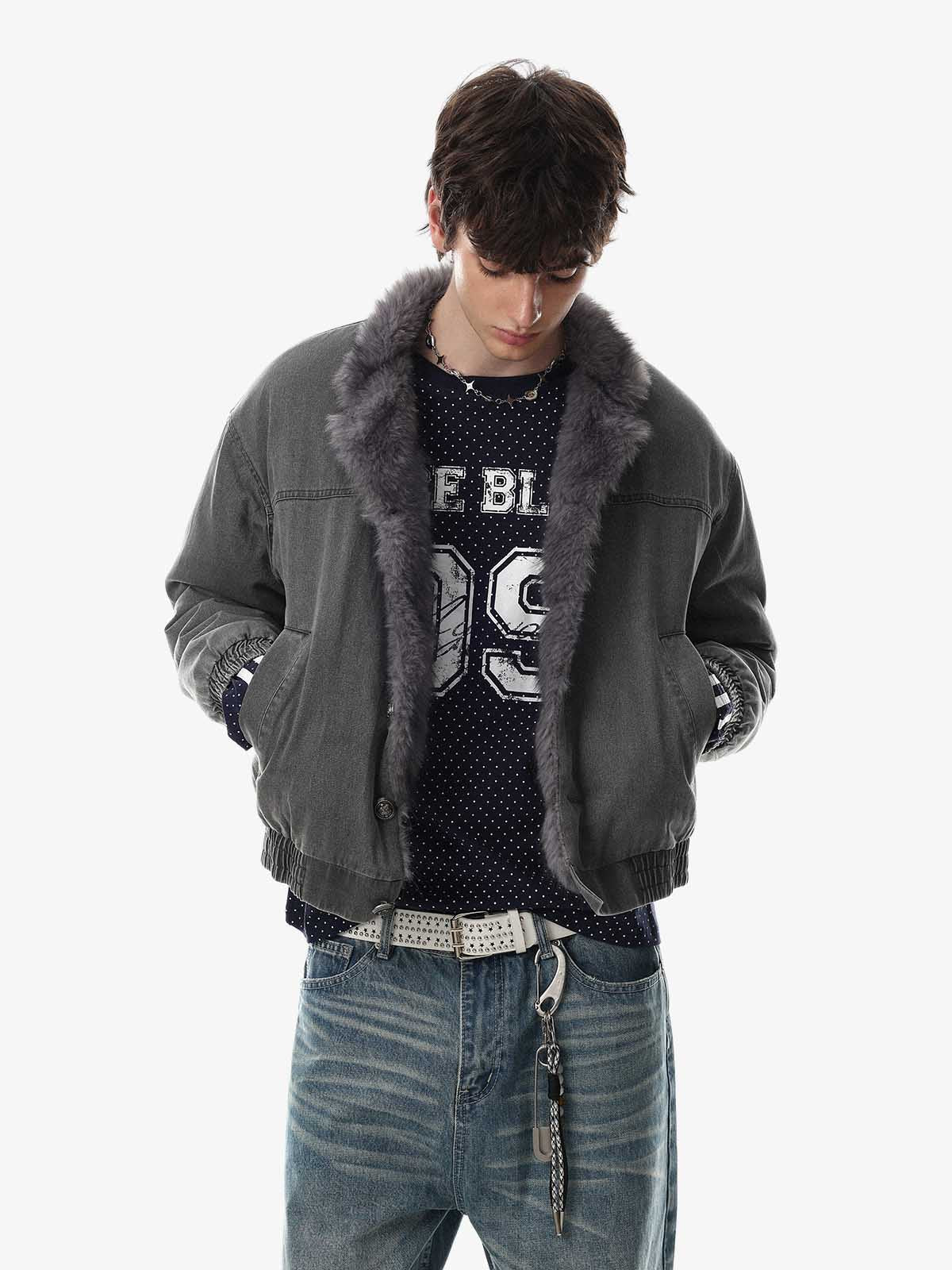 Front button fastening on a washed bomber coat