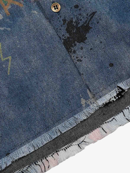 Revelse™ Tie-Dye Denim Polo T-Shirt with Graffiti Print