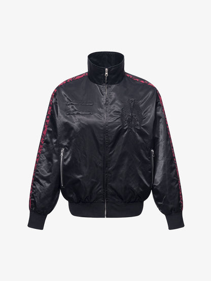 Satin zip jacket featuring a butterfly motif and leopard-print trim