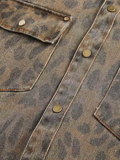 Revelse™ Distressed Cheetah Print Denim Shirt Vintage Style