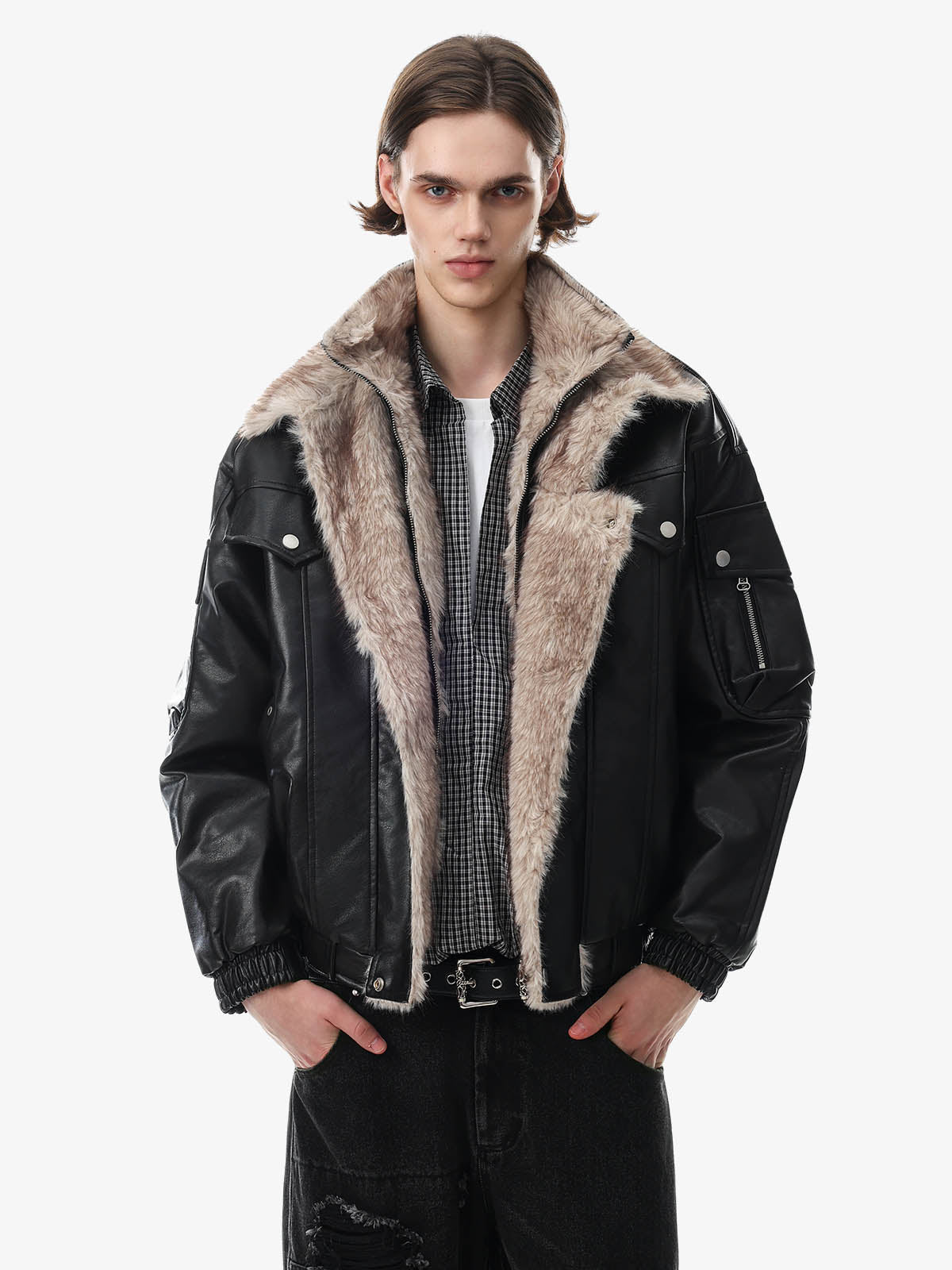 Padded faux-leather coat styled as a warm winter layer
