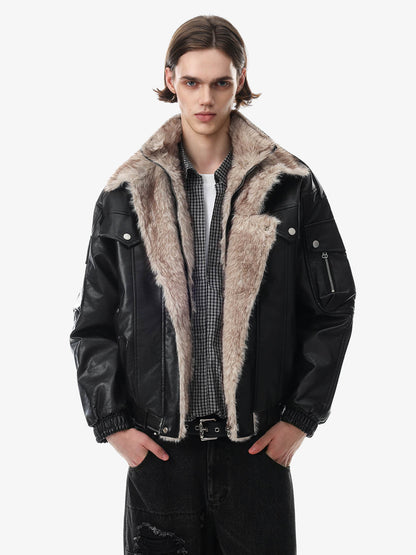 Padded faux-leather coat styled as a warm winter layer