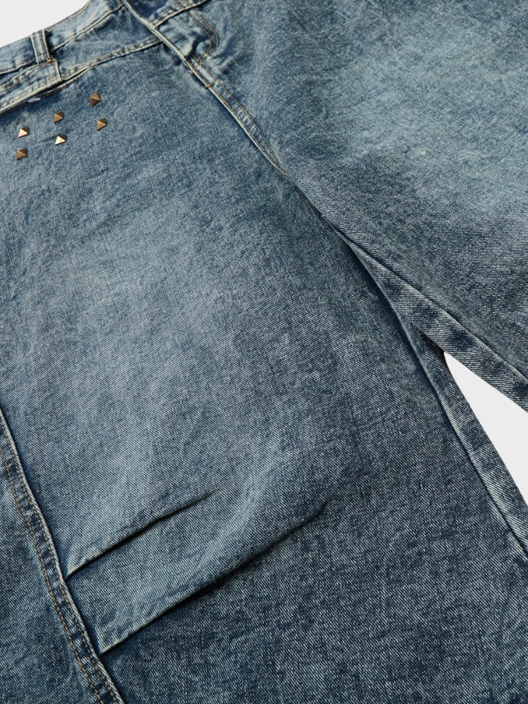 Revelse™ Longline Baggy Studded Denim Shorts Gray Blue