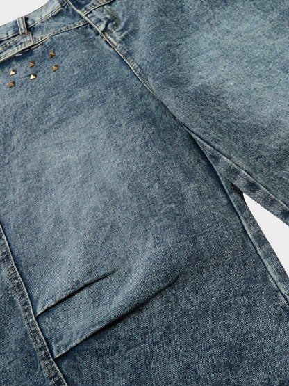 Revelse™ Longline Baggy Studded Denim Shorts Gray Blue