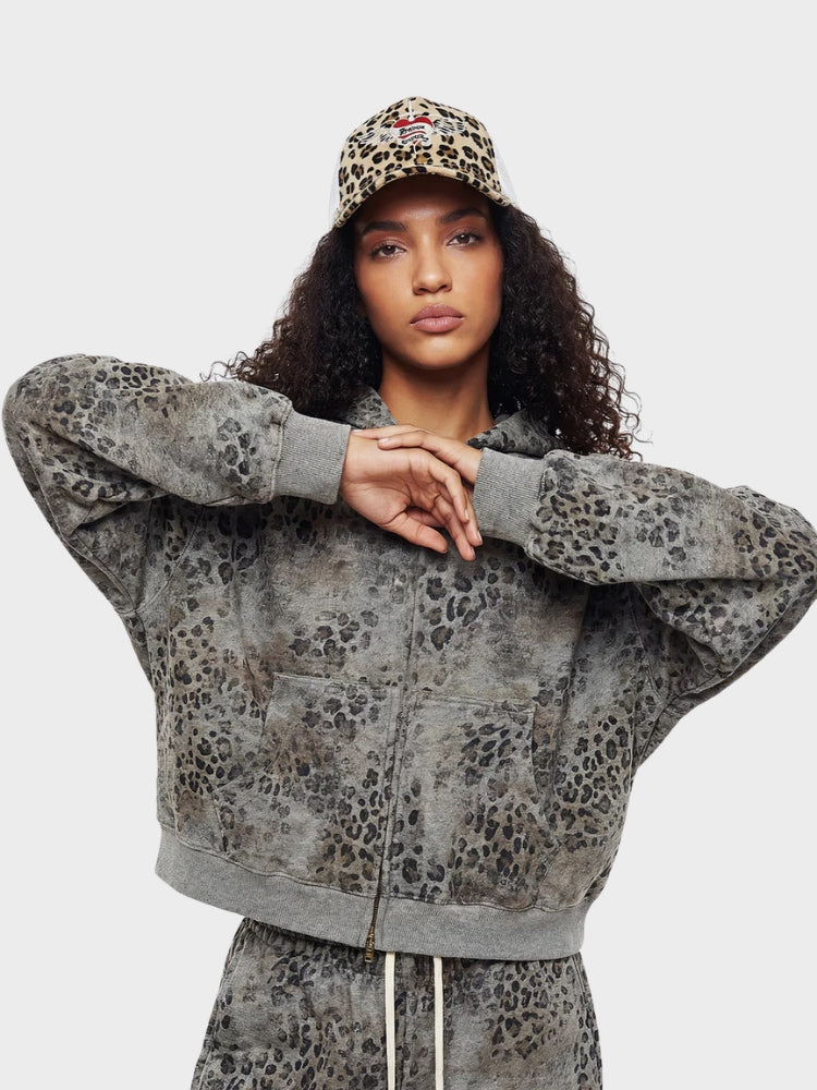 Revelse™ Leopard Print Vintage Washed Zip Hoodie Thick Cotton