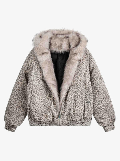 Revelse™ Cheetah Print Hooded Jacket with Faux Mink Fur Trim