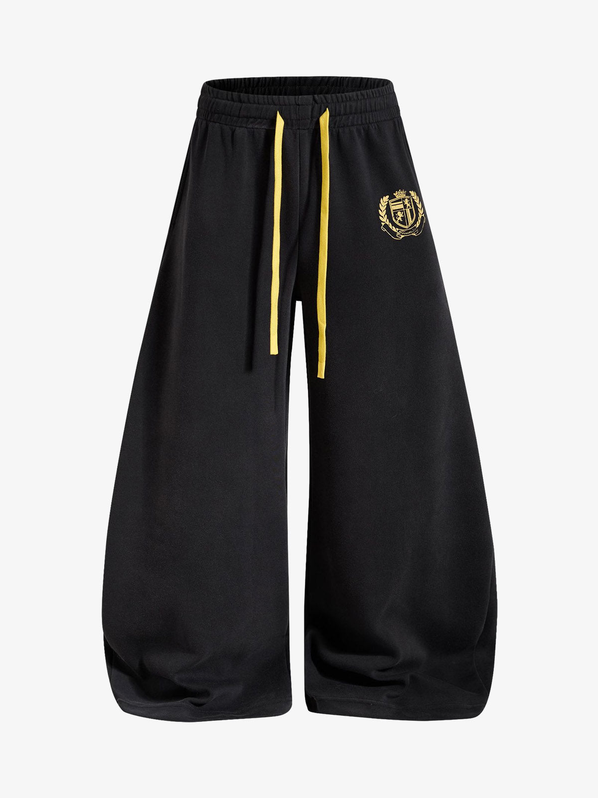 Wide-leg sweatpants with crest graphic shown from the front