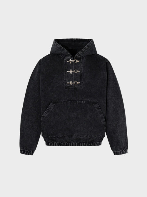 Revelse™ Washed Denim Toggle Front Hoodie Black