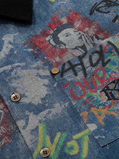 Revelse™ Tie-Dye Denim Polo T-Shirt with Graffiti Print