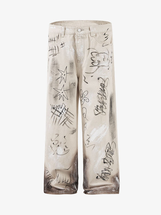 Distressed graffiti baggy jeans with an elastic waist