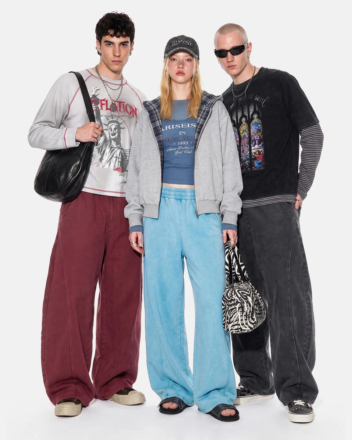 Side view of acid-washed barrel sweatpants