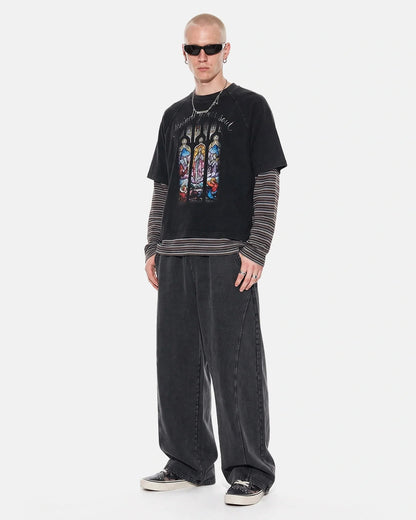Waistband detail on the acid-washed barrel sweatpants