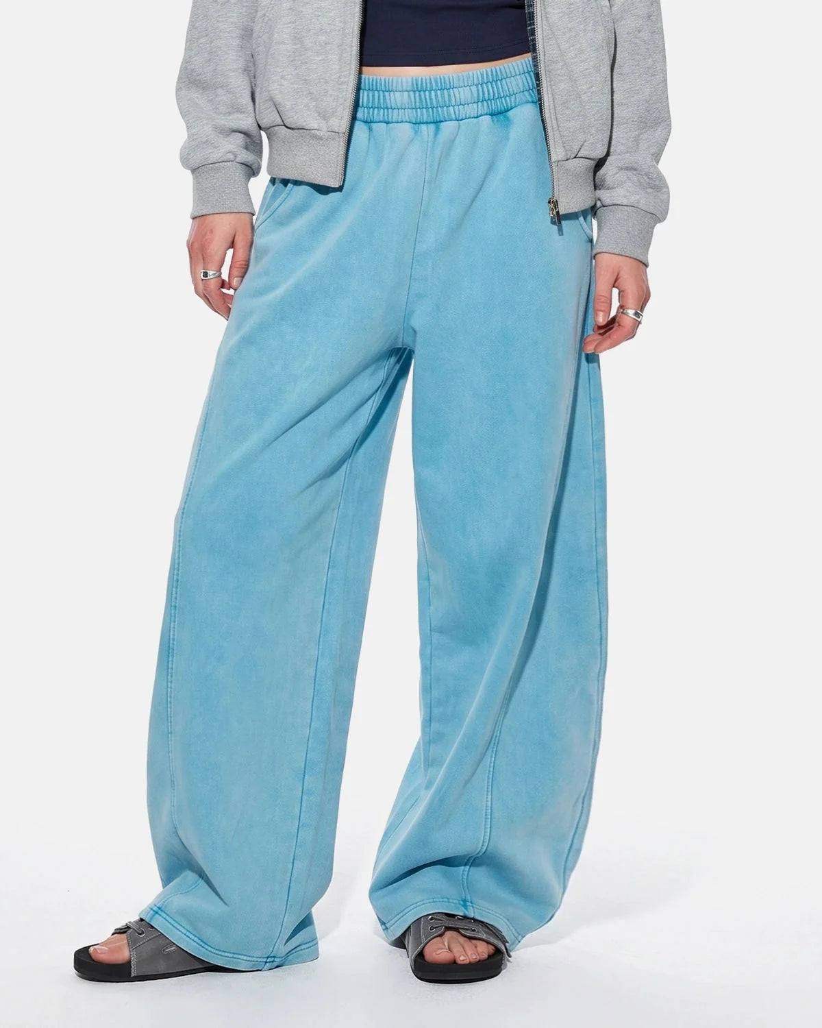 Acid-washed barrel sweatpants shown from the front