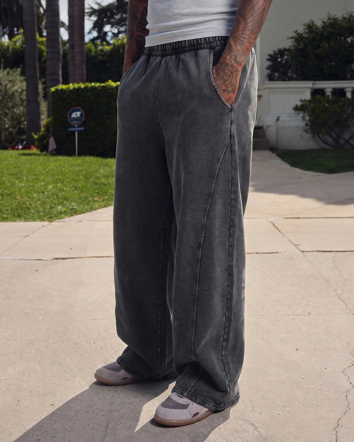Full-length view of the relaxed sweatpants silhouette