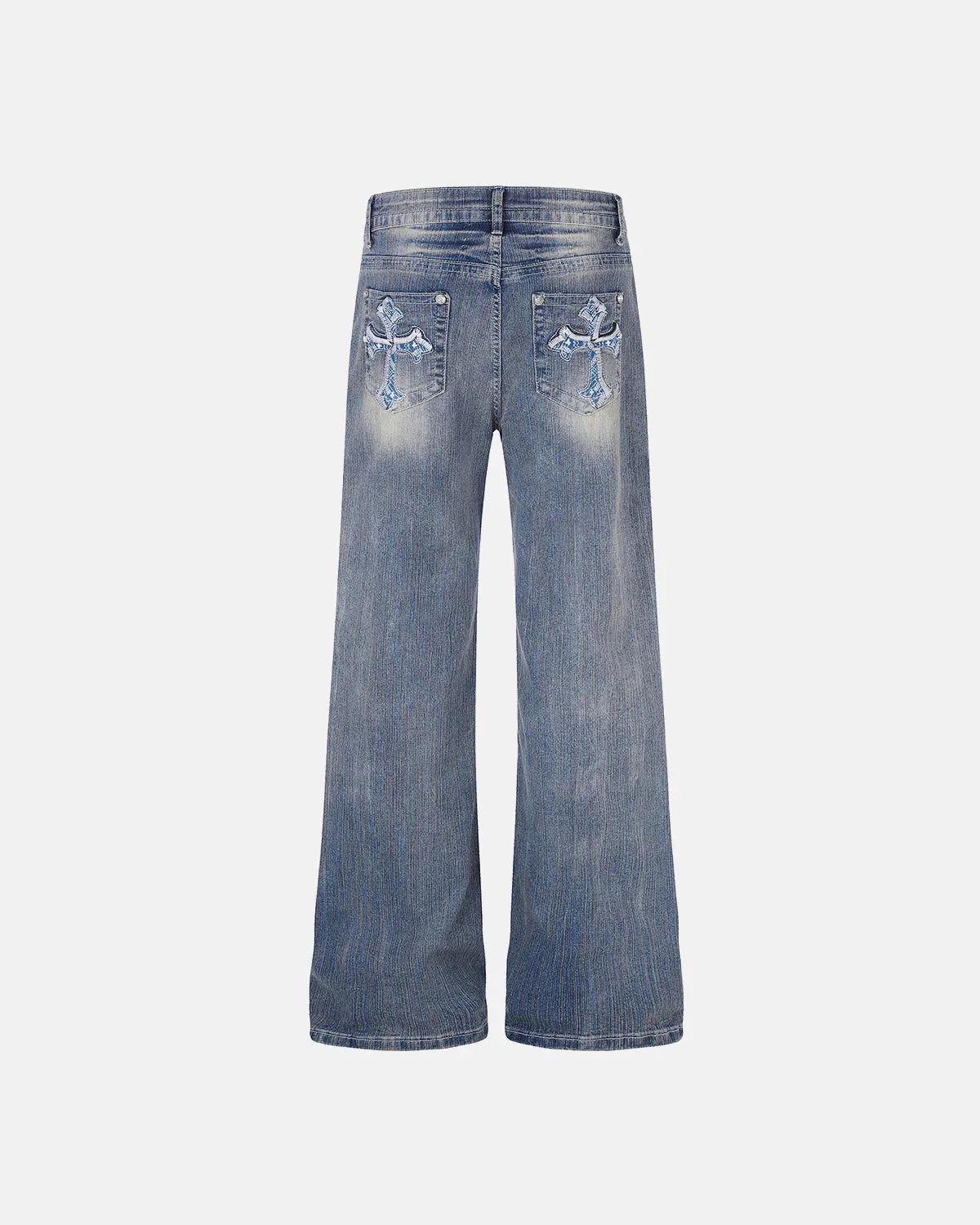 Embroidered bootcut jeans with bamboo-weave detail shown from the front