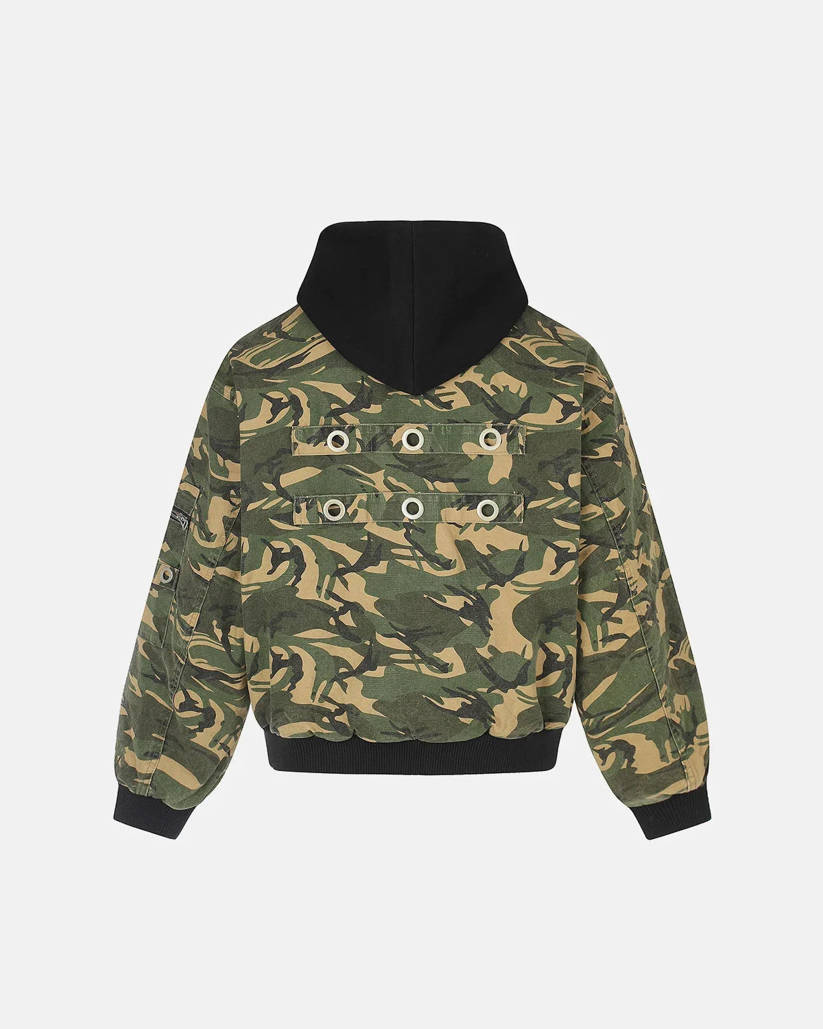 Front view of a hooded camo bomber jacket