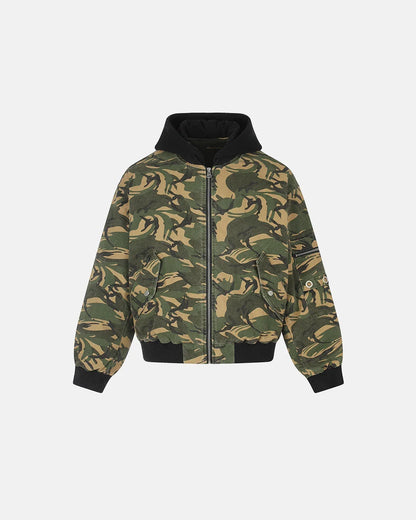 Camo hooded bomber jacket with hood visible