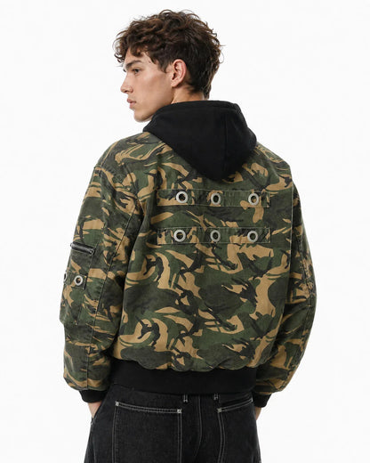 Hooded camo jacket with ribbed bomber-style trim