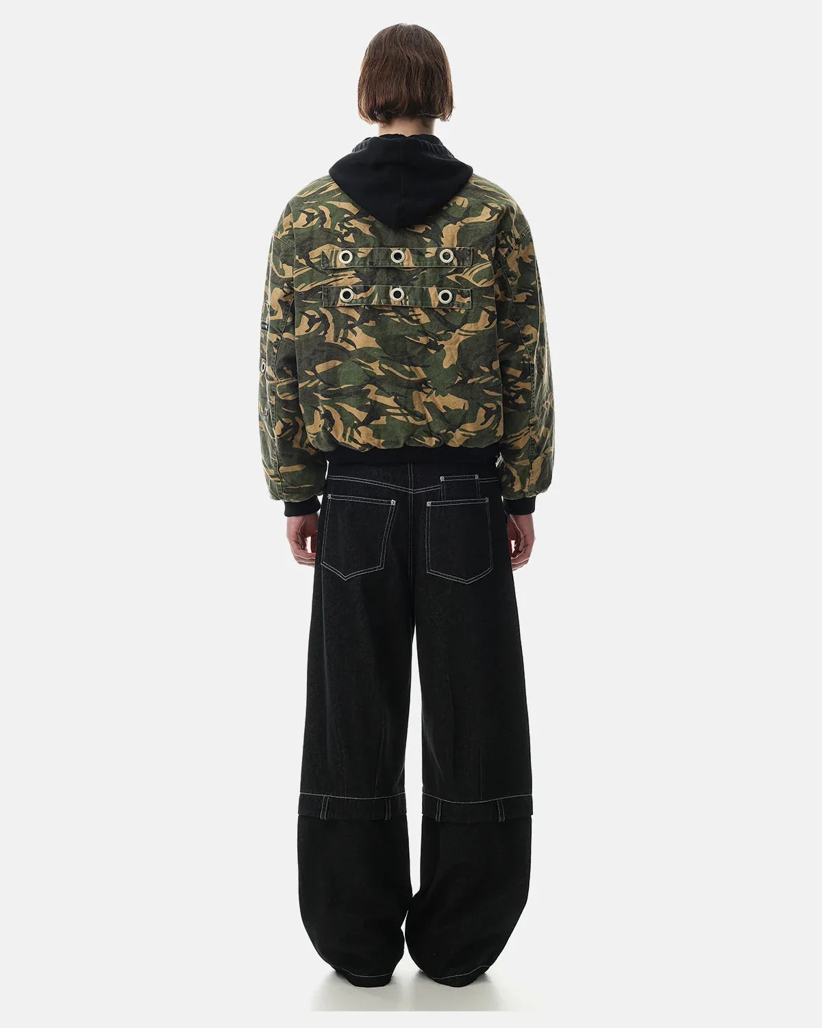 Side view of a hooded camo bomber jacket