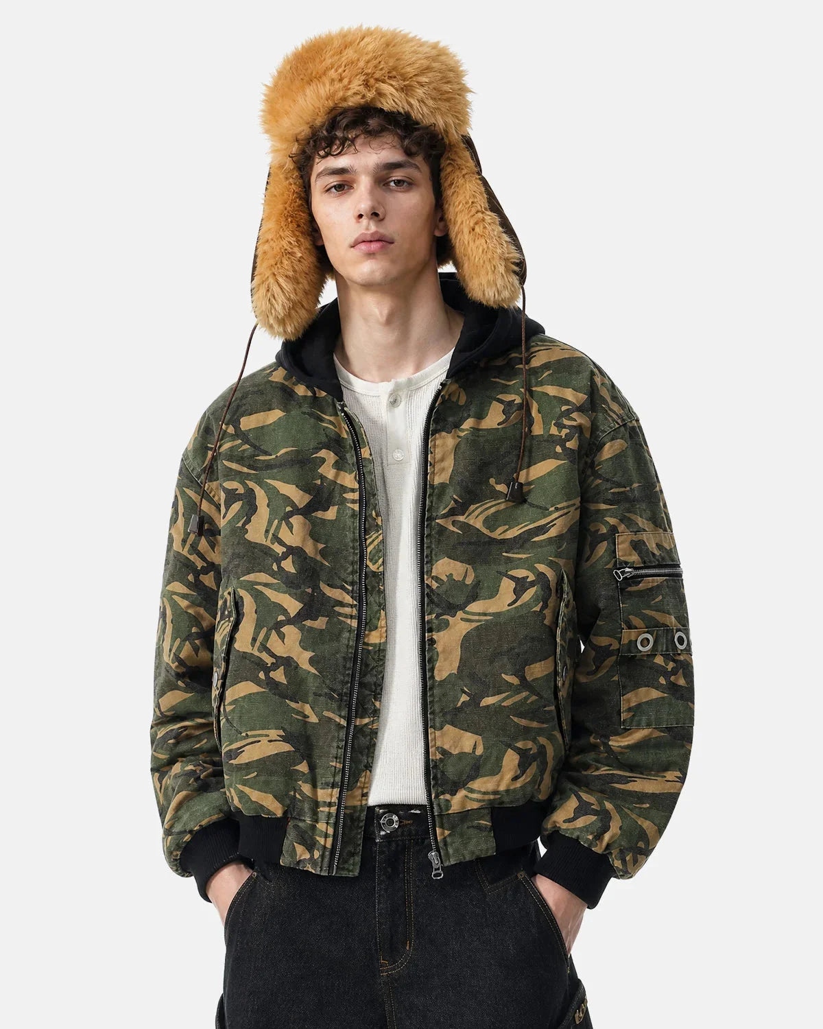 Camo hooded bomber jacket shown from the front