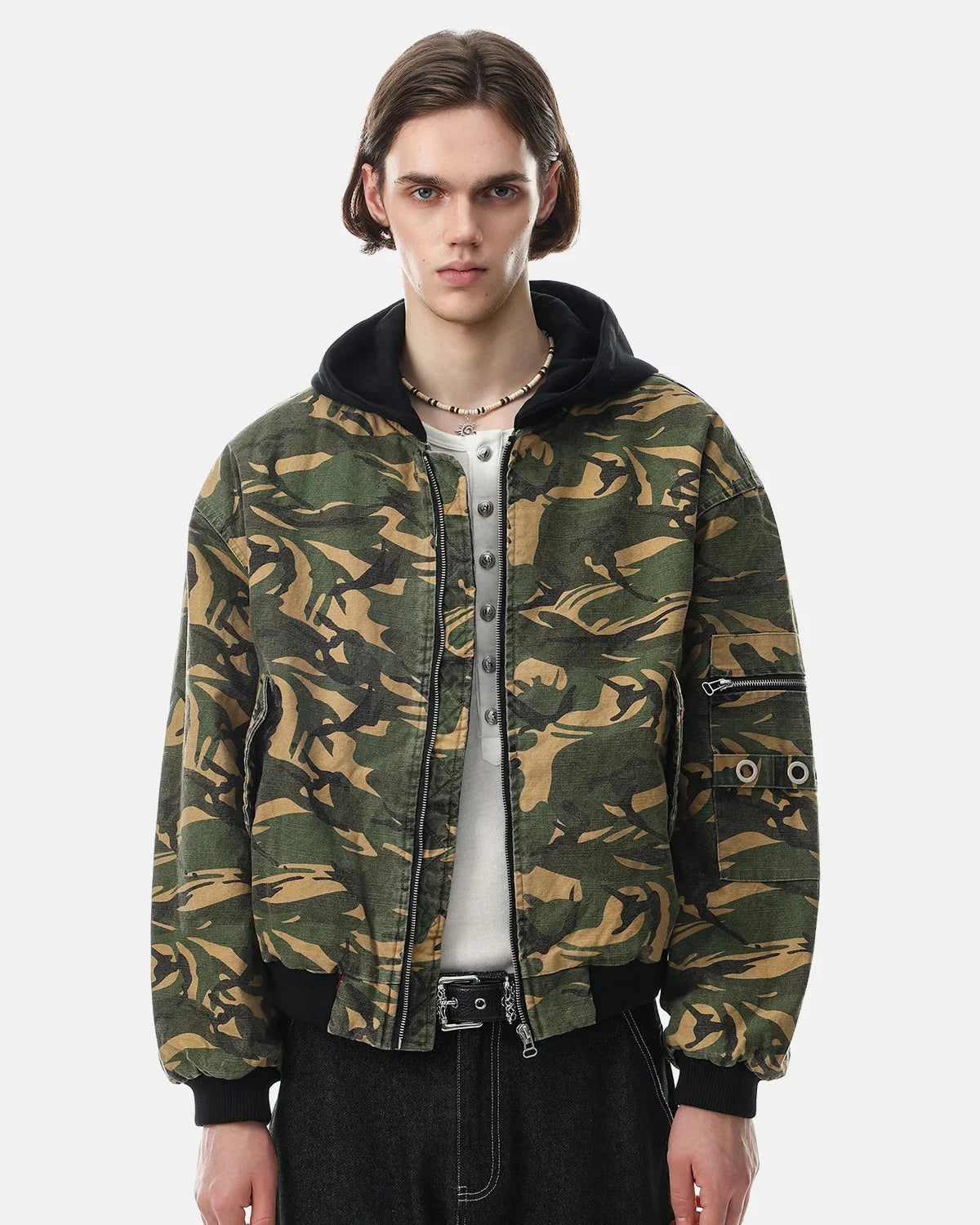 Camo bomber jacket showing its zip fastening