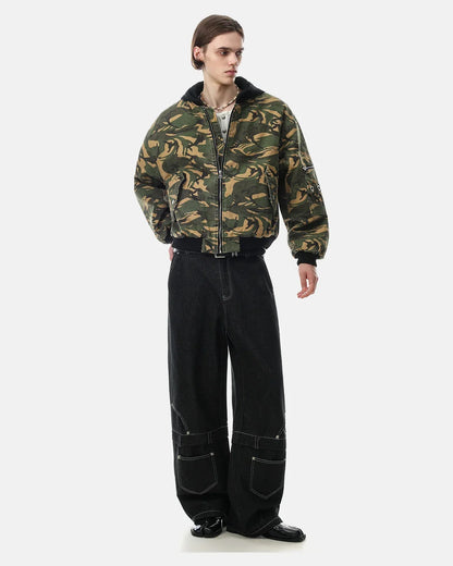 Camo hooded bomber jacket showing the sleeve detail