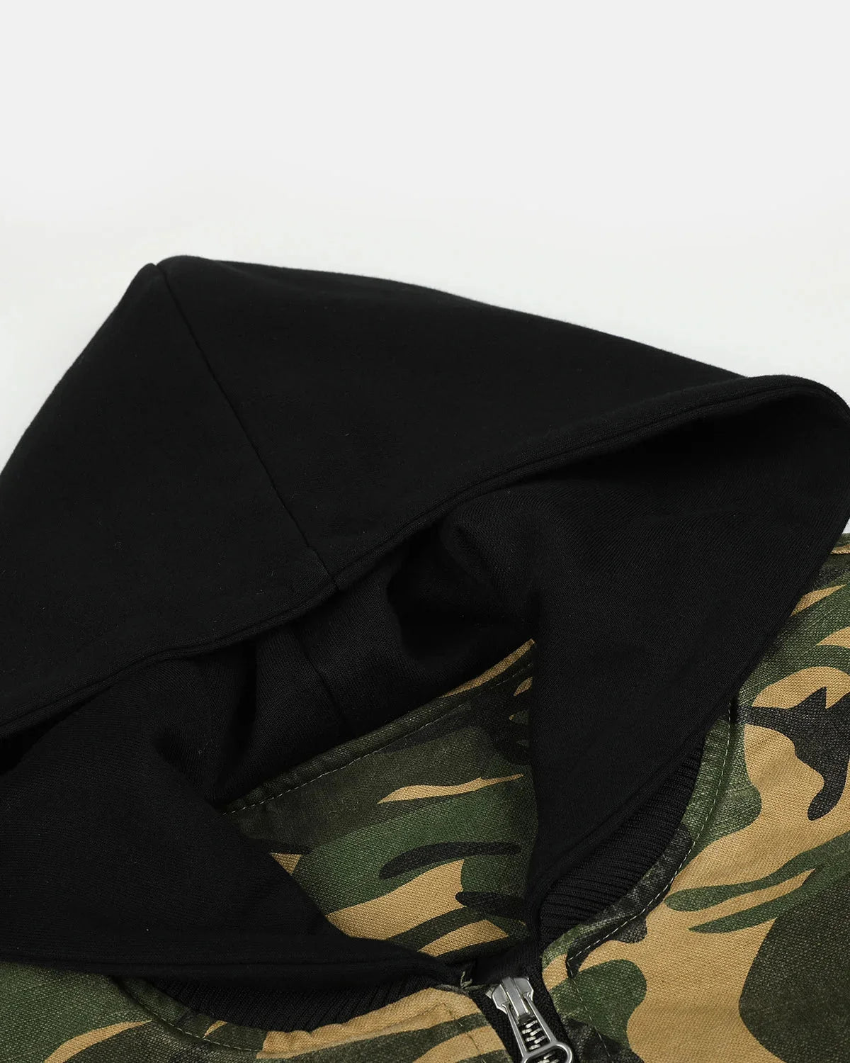 Back view of the camo hooded bomber jacket