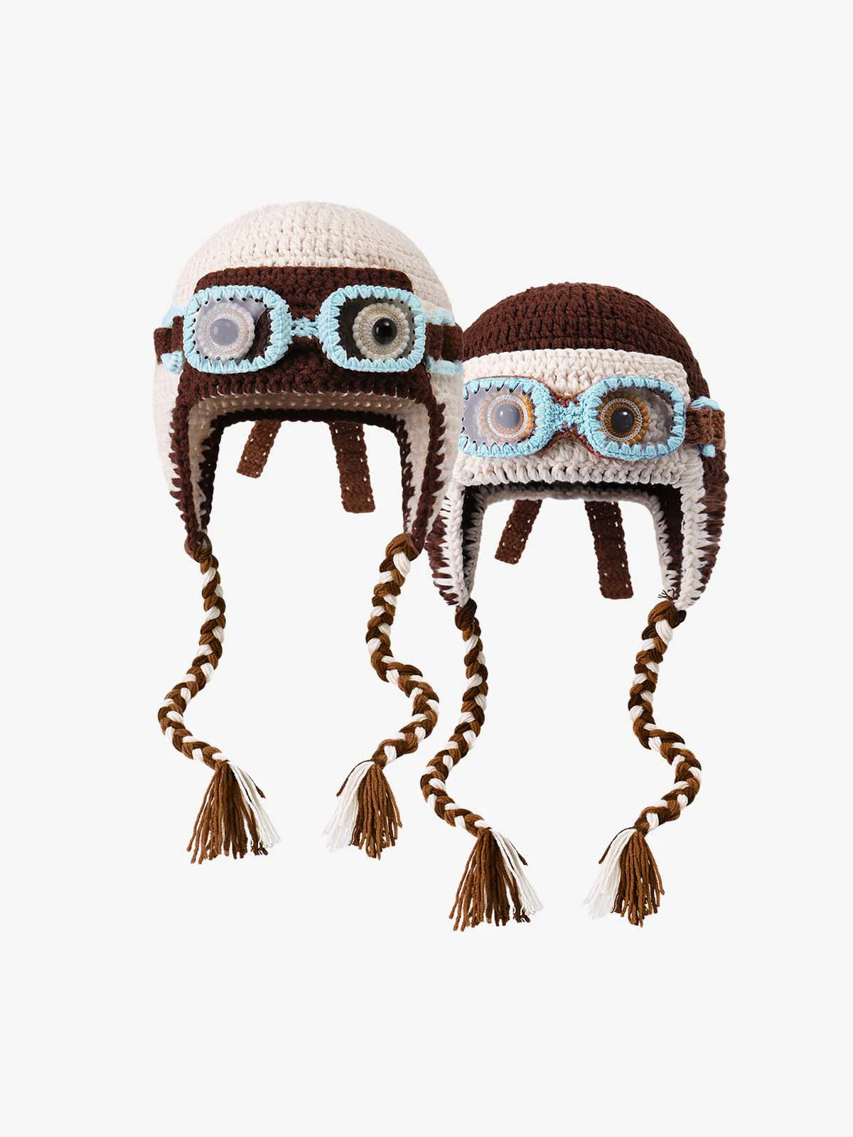 Full product view of the crochet trapper hat with 3D goggles detail