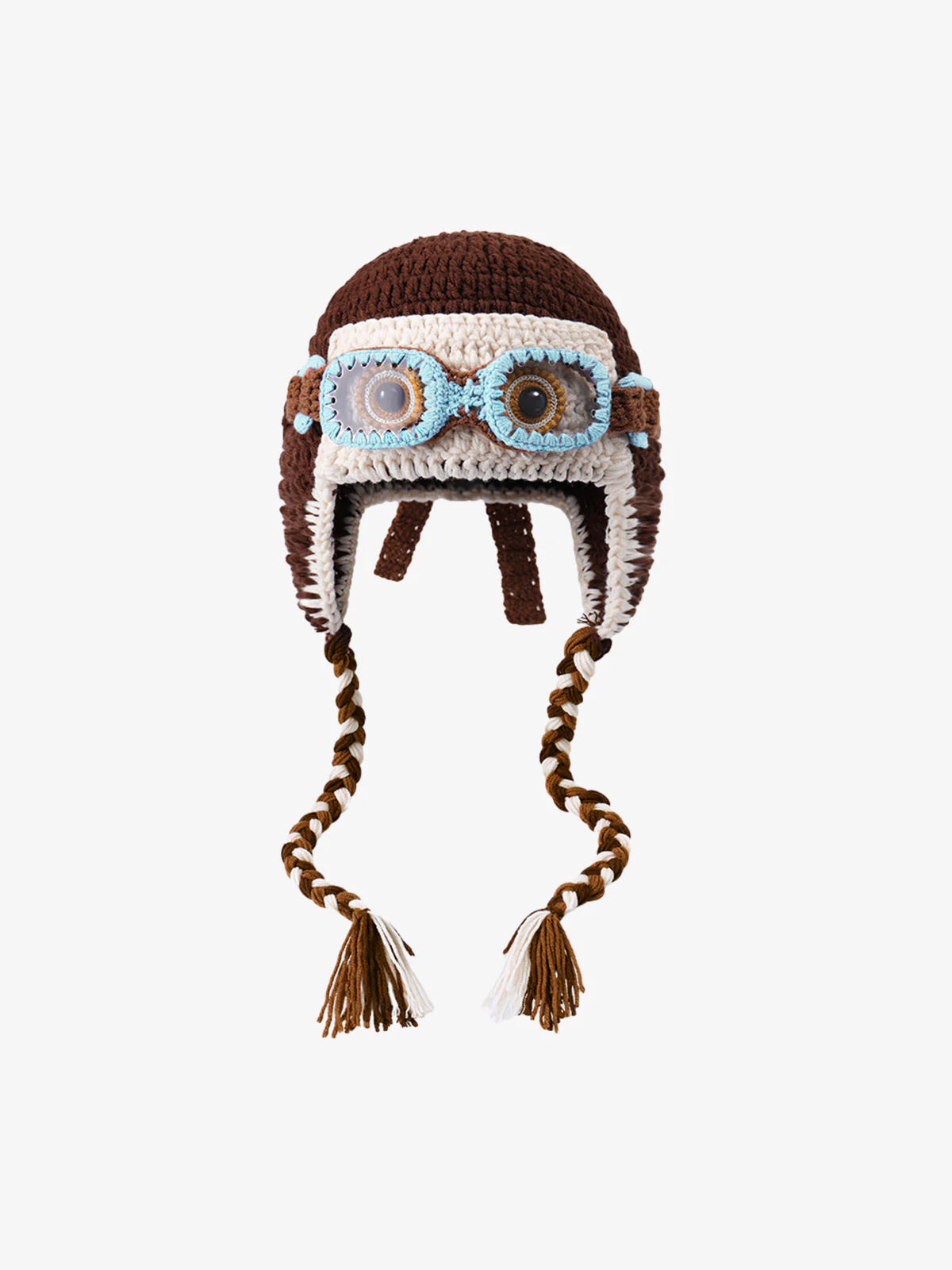 Close-up of the crochet texture and 3D goggles detail on the hat