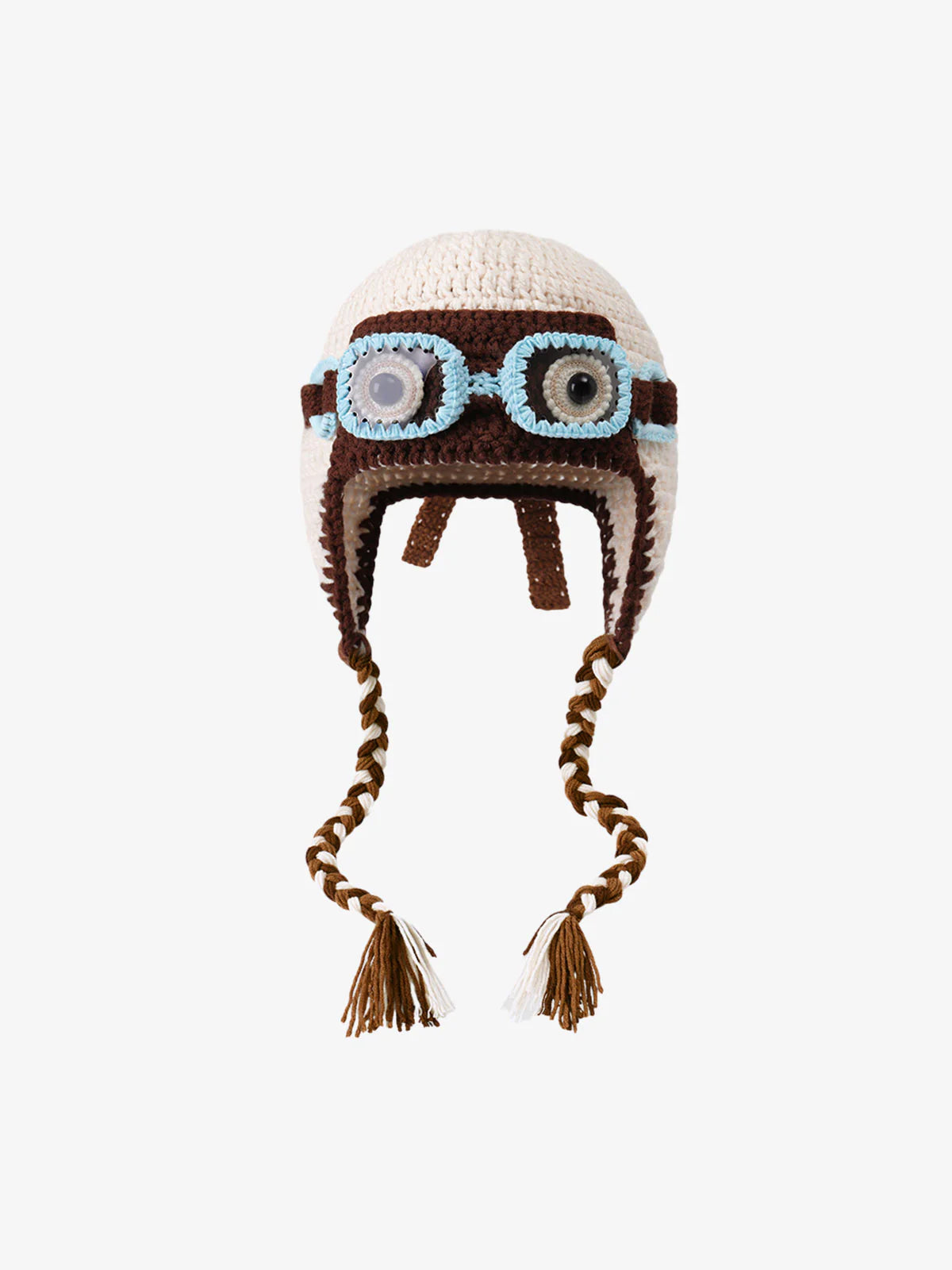 Side view of the crochet trapper hat with raised 3D goggles detail
