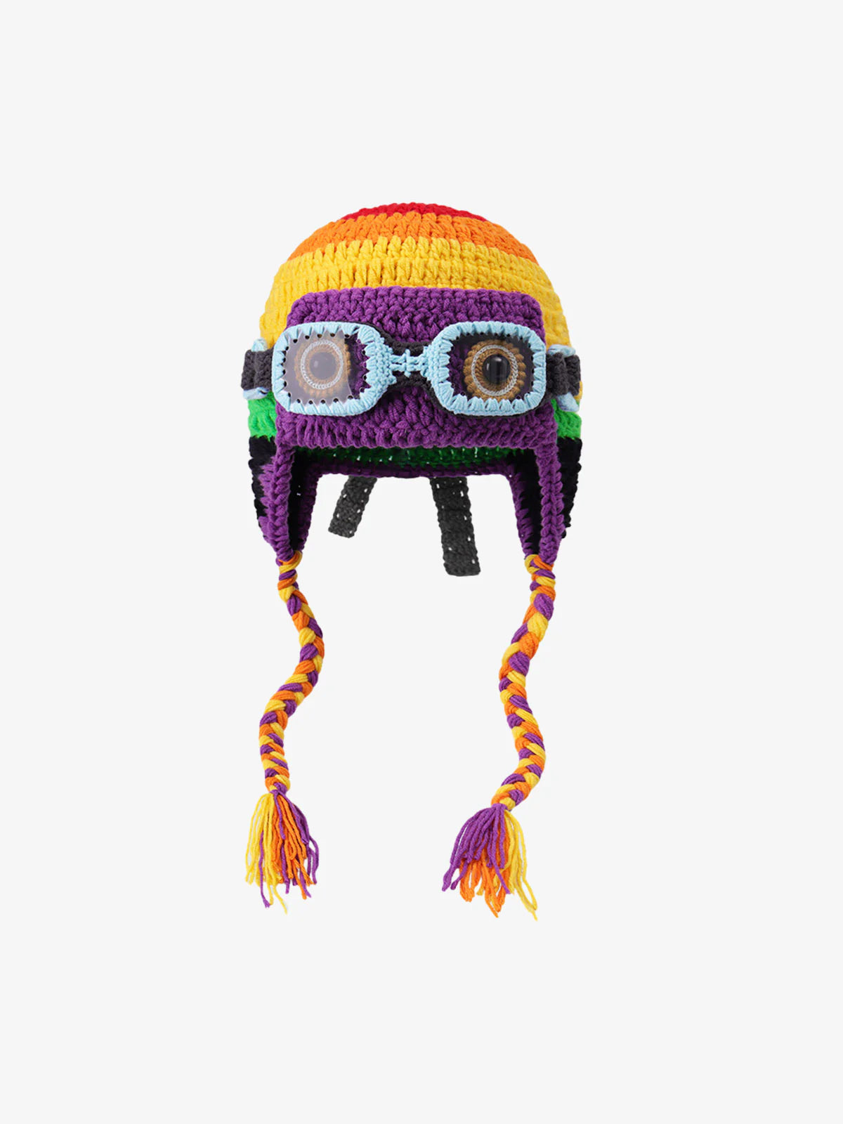 Crochet trapper hat showing its ear flaps and goggles embellishment