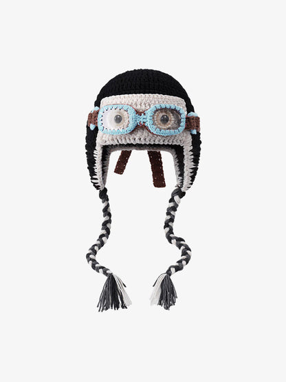 Back view of the crochet trapper hat showing its textured finish