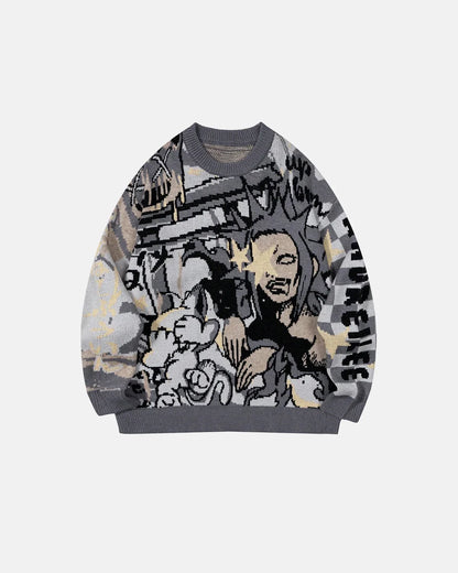 Comic Graphic Crew Neck Knitted Jumper