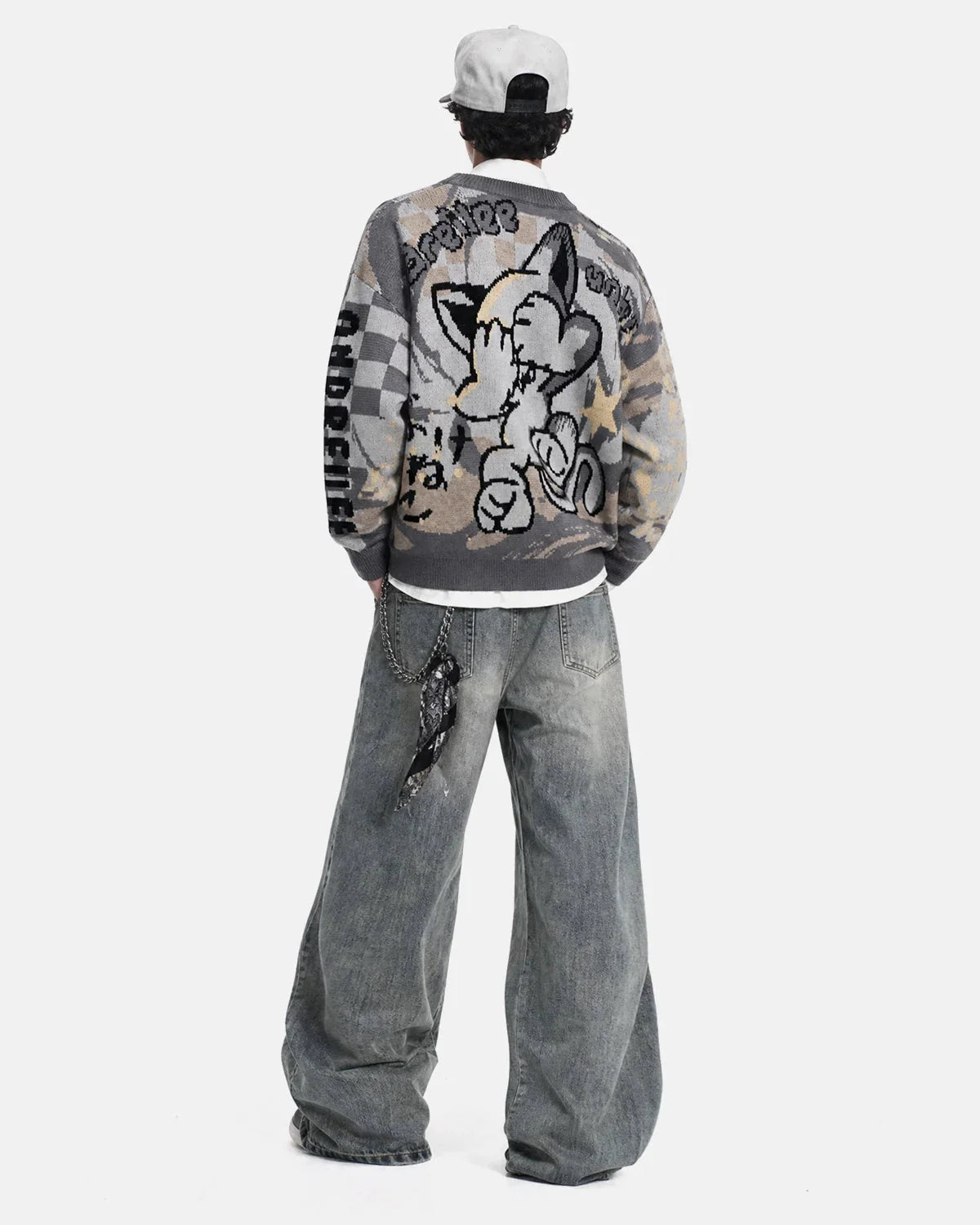 Side view showing the fit of the comic graphic jumper