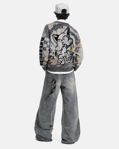 Side view showing the fit of the comic graphic jumper
